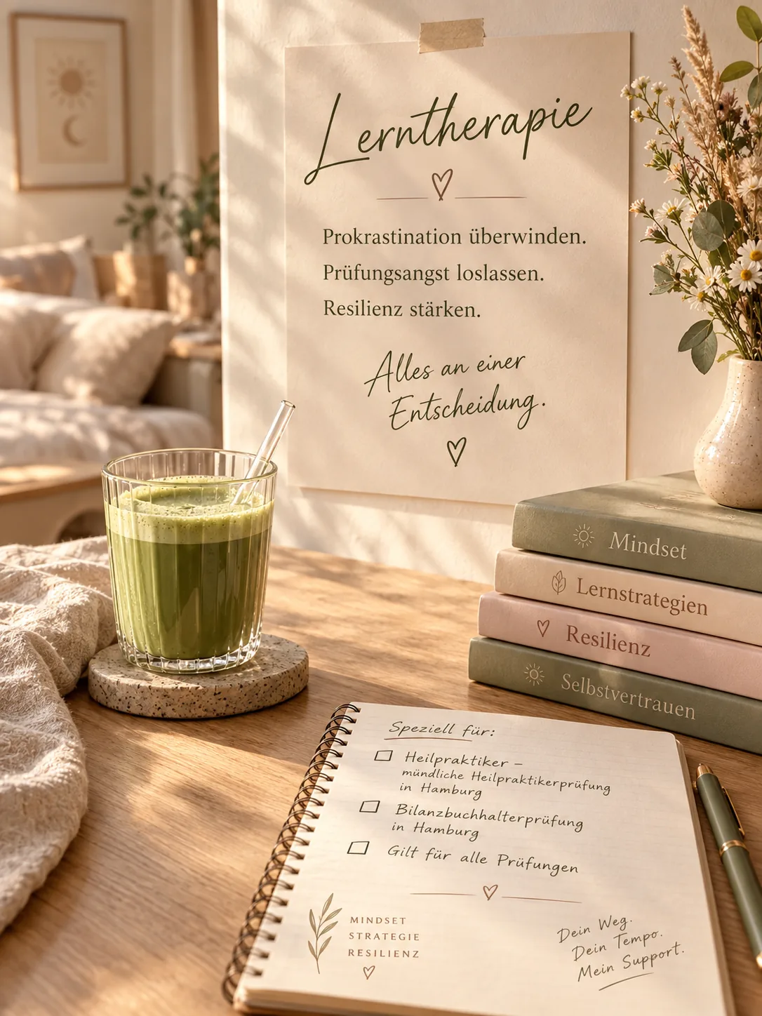 Poster an einer Wand mit der Aufschrift Mindset und den Zeilen Disziplin schlägt Motivation, Klarheit schlägt Zweifel, Fortschritt schlägt Perfektion, darunter ein Holztisch mit Büchern und einem grünen Getränk