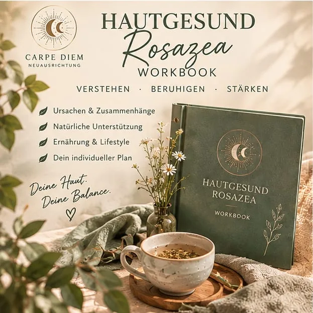 HautGesund Rosazea Workbook im grünen Ordner neben einer Tasse Kräutertee und Kamillenblüten